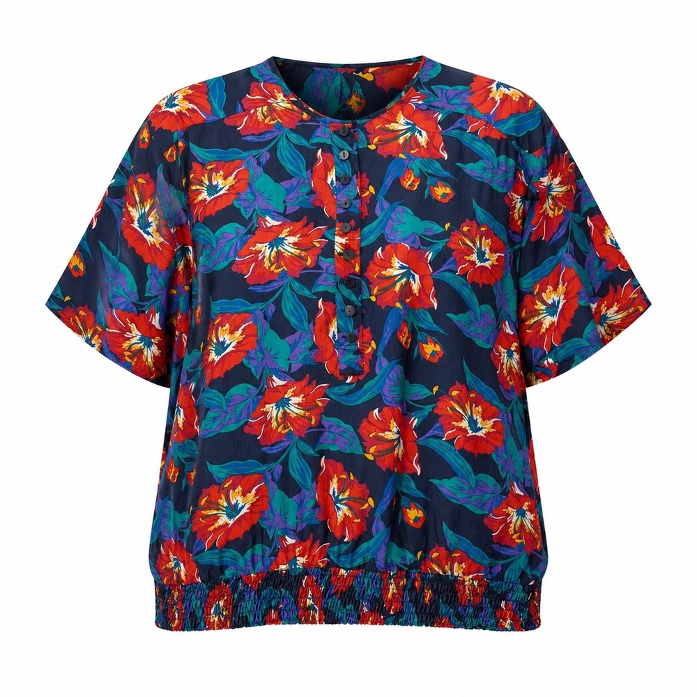 Chaus Woman VTG Hawaiian Floral Blouse 2X Short Sleeve Blue Red Elastic Waist